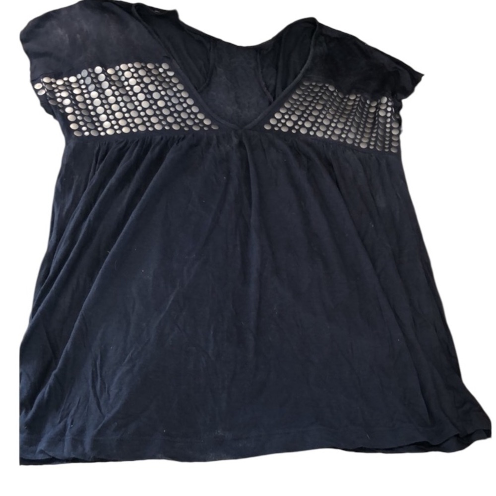 Flounce small navy blue V--neck top with blue flat stud like detail runs large
